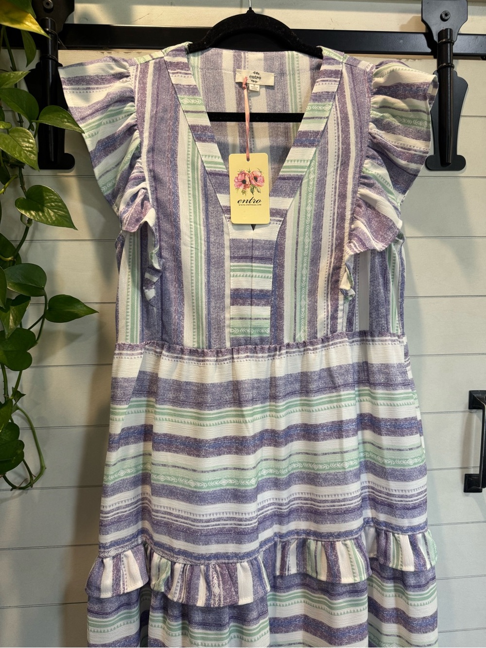 entro Lavender and Mint Striped Ruffle Dress